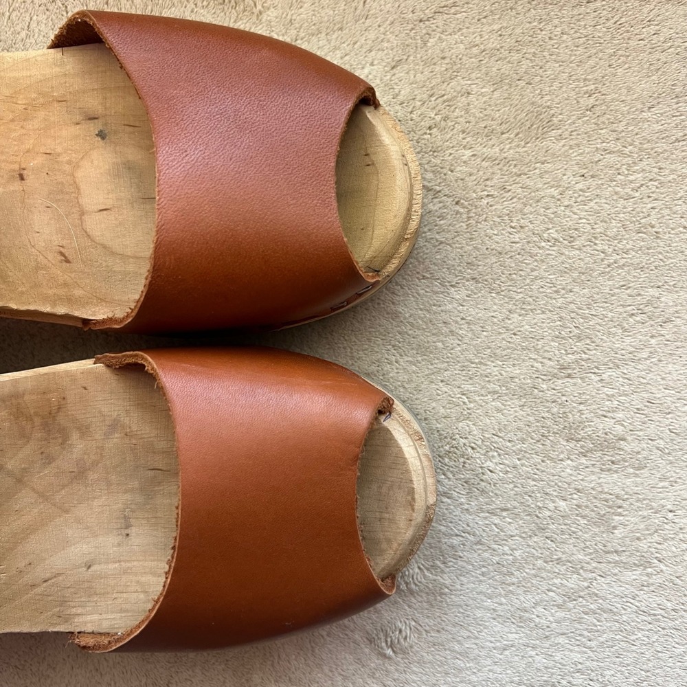 MIA Anja Women 7.5-8 EU 38 Tan Leather Clog Sandals Wooden Platform Ankle Strap - Picture 8 of 16